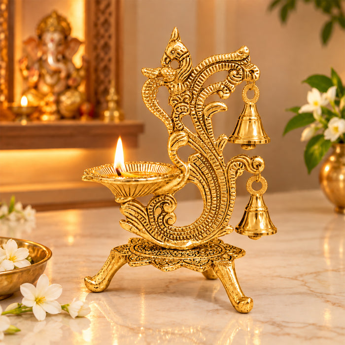 Diwali Peacock Diya Stand with Hanging Bells, Antique Decorative Oil Lamp for Pooja, Home Temple, Diwali & Festive Decoration