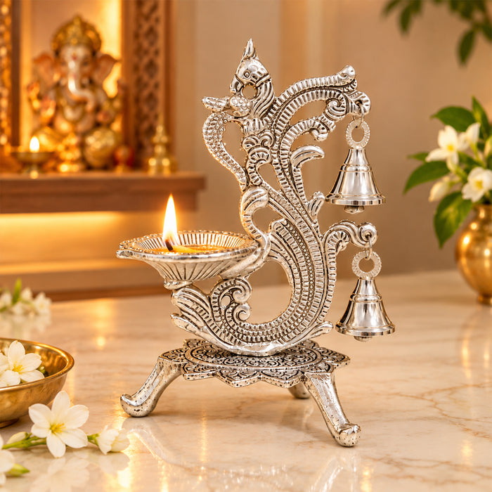 Diwali Peacock Diya Stand with Hanging Bells, Antique Decorative Oil Lamp for Pooja, Home Temple, Diwali & Festive Decoration