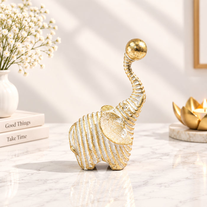 Set of 2 White & Gold Textured Resin Trunk Up Elephant Figurines, Decorative Tabletop Accent Statues for Home Decor (21x9 cm)