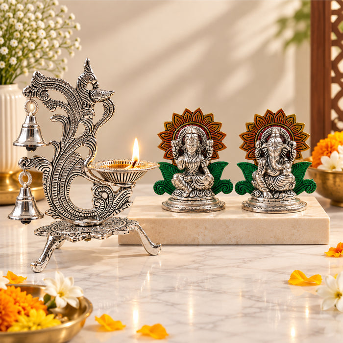 Lakshmi Ganesha Idol Set with Silver Peacock Diya Stand, Decorative Metal Puja Set for Temple Home Decor