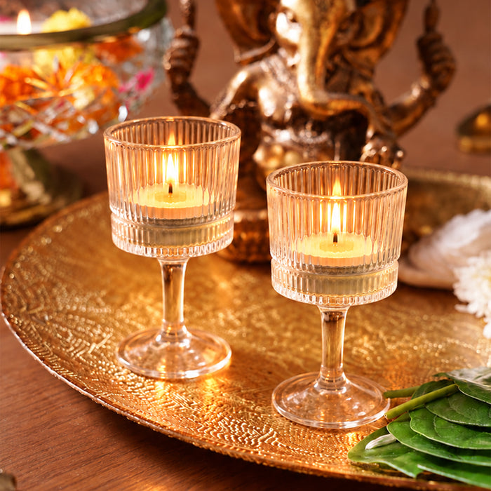 Set of 2 Glass Pillar Candle Holders, Tea Light Votive Stands for Diwali Decoration, Dining Table & Festive Home Decor (10x4 cm)