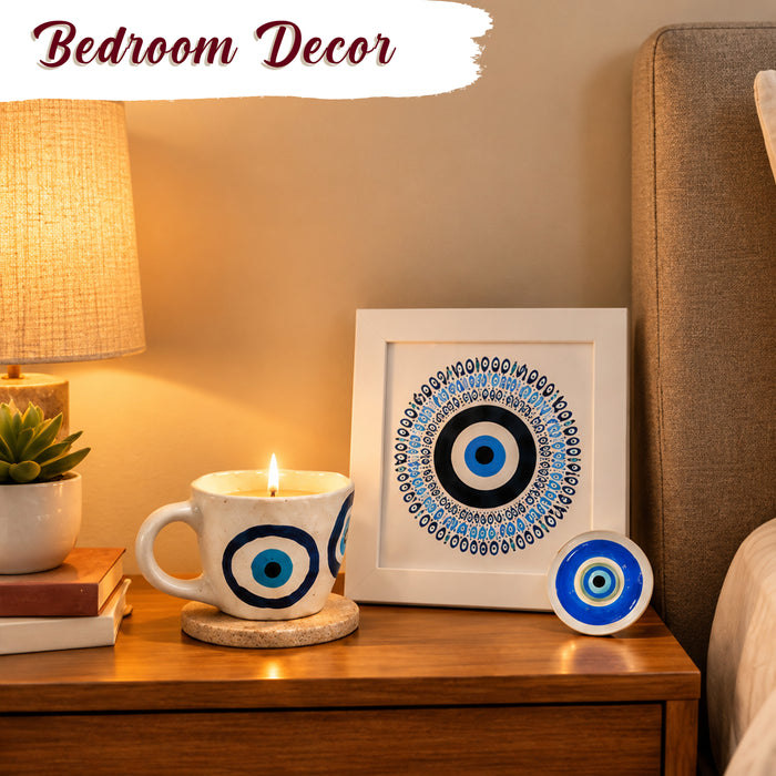 Diwali Evil Eye Gift Set with Photo Framed Art, Evil Eye Scented Candle & Round Coaster