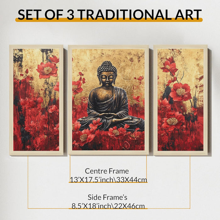 Buddha Floral Abstract Framed Wall Art Painting Home Décor Pack Of 3 | Digital Scenery Painting with Frame, Office Set Of 3, 22x46 cm, 33x44 cm