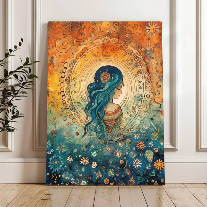 PAINTINGMANTRA Women Portrait Flower Motif Pattern Wall Painting | Stretched Canvas Flower Wall Painting for Living Room, Bedroom, Home and Office Wall Décor (41x56 cm)