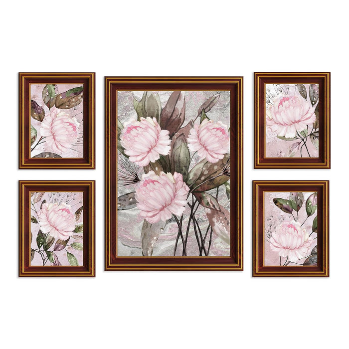 Art Street White Pink Peony Water Lily Floral Framed Art Print For Living Room, Decorative Home & Wall Decor - Set Of 5 (Brown, 4 Pcs-5x7 Inch, & 12x16 Inch)