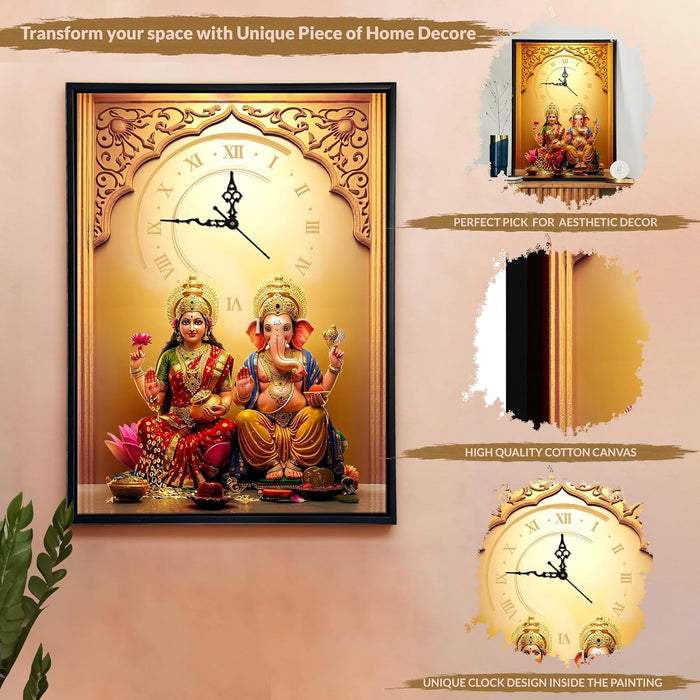 Hindu Religious Portrait Abstract Divine Multicolor Framed Canvas wall art With Clock | Painting with clock. 43x58 cm