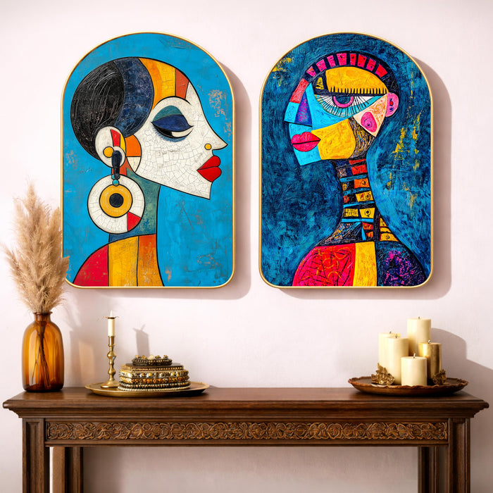 Abstract Women Face Modern Nordic Wall Art Painting Set of 2 for Living Room, Metallic PVC Gold Moulding 16x24 Inch