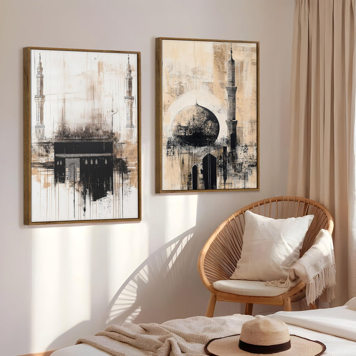 Kaaba Abstract Minimalist Stretched Canvas Painting Islamic Large Wall Art Painting for Living Room Decoration, Stylish Large Wall Art Print for Wall Decor (Set of 2, 58x89 cm)