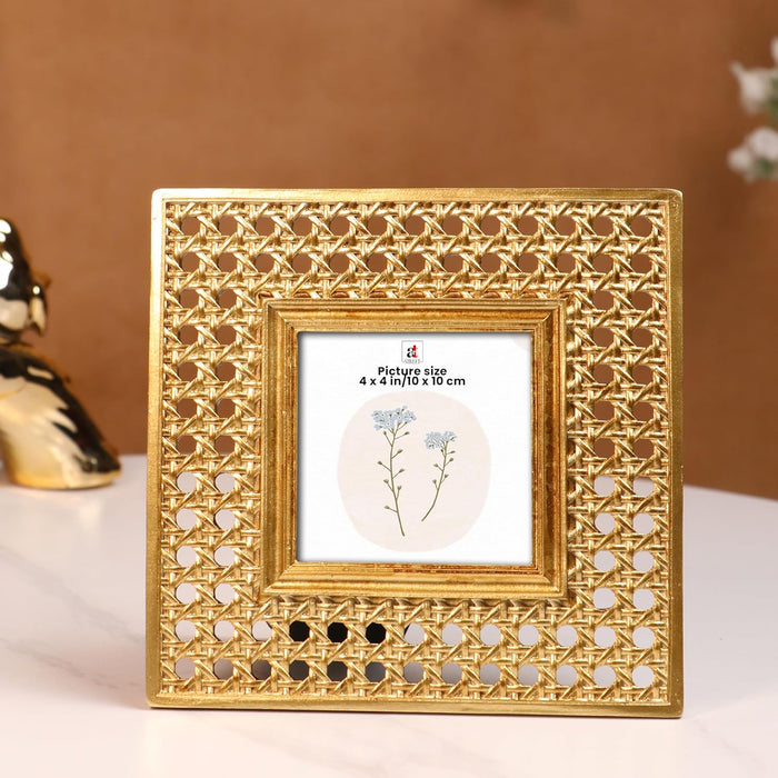 Vintage 4x4 Inch Photo Frame Golden Square – European Style Resin Picture Frame with Filigree Jali Design, Tabletop Display, Antique Look, 10x10 cm