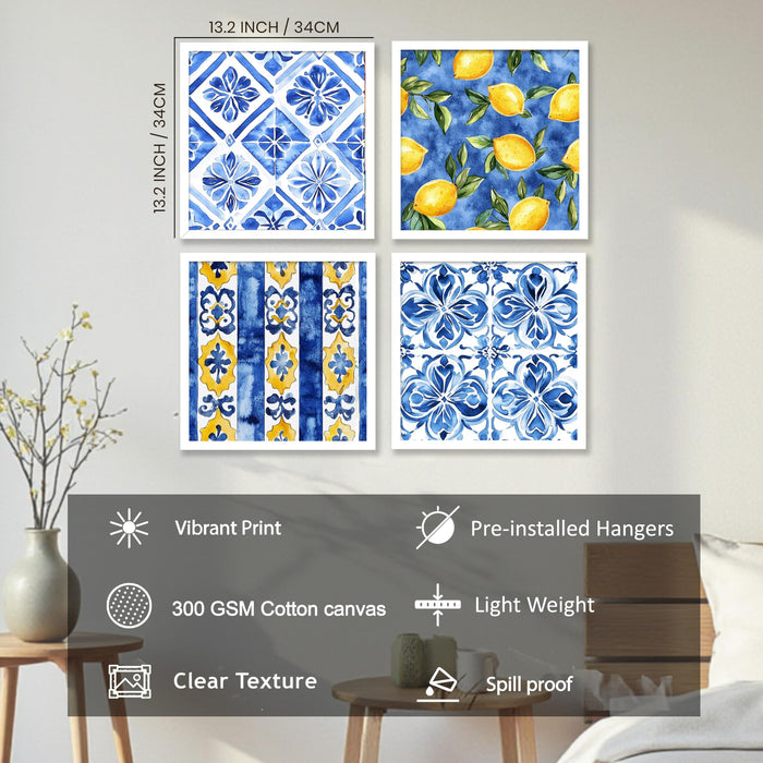 PAINTINGMANTRA Blue Tile Pattern Wall Art Set of 4, Mediterranean Lemon & Floral Canvas Prints with Wooden Frame, Decorative Wall Decor for Living Room, Bedroom & Home, (13.2x 13.2 inch)