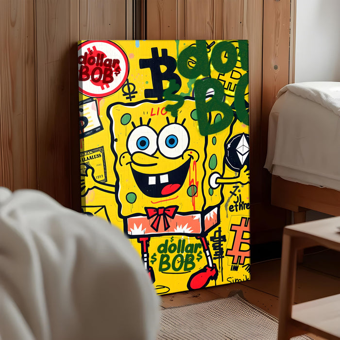 Cartoon Pop Art Stretched Canvas Painting Print| Money & Digital Currency Graffiti Wall Art | Modern Street Art for Home & Office, 56x86 cm