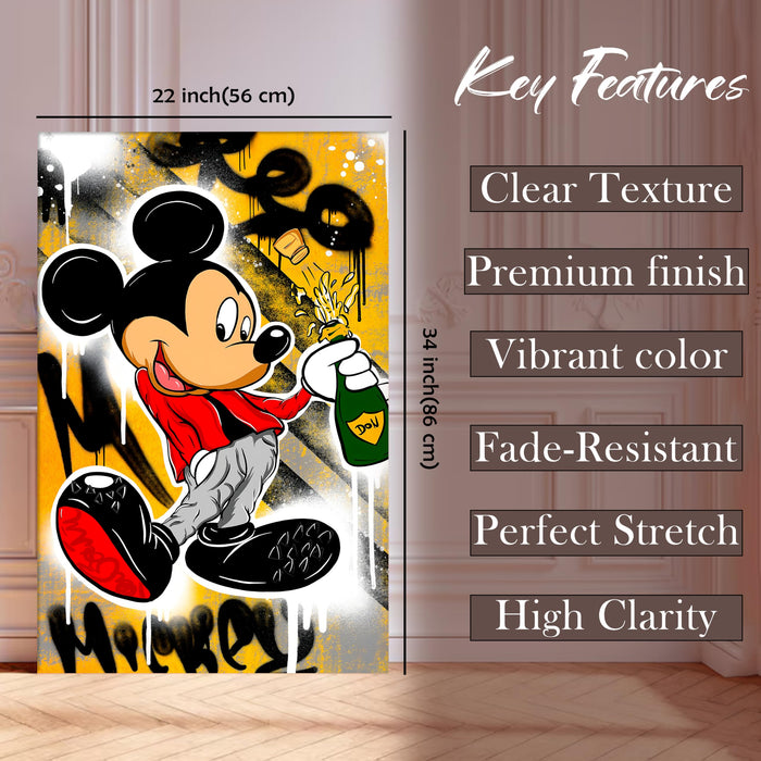 Cartoon Mouse Champagne Stretched Canvas Painting Print| Graffiti Style Pop Art Wall Décor | Modern Street Art Canvas for Home & Office, 56x86 cm