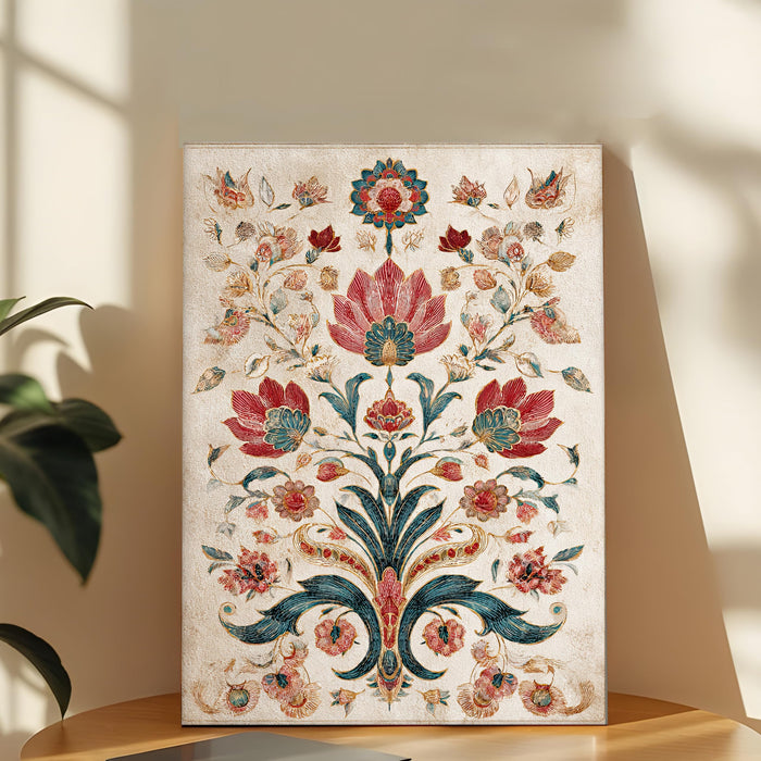 Mughal Flower Motif Miniature Wall Painting | Stretched Canvas Flower Wall Painting for Living Room, Bedroom, Home and Office Wall Décor (41x56 cm)