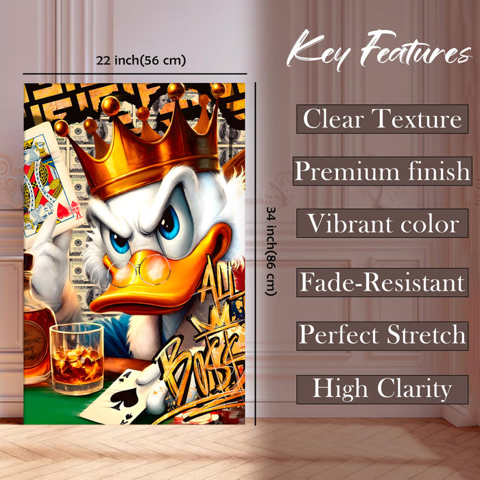 Luxury Pop Art Duck King Wall Painting | Casino Royal Graffiti Art Stretched Canvas Print | Modern Money, Poker & Crown Theme Wall Décor, 56x86 cm