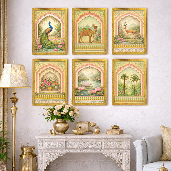 Mughal Garden Painting With Frame for living room, royal Indian Miniature Framed Wall Art Painting for Home Decor Set of 6, Size 9.5 by 12.5 Inch