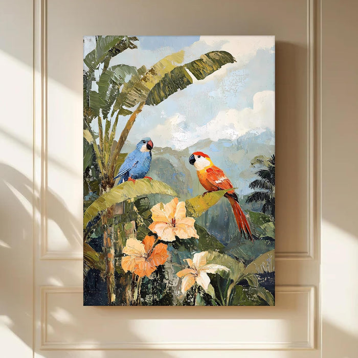 Landscape Abstract Canvas Wall Art Painting Birds Standing on Branch Multicolor | Digital Painting on Canvas Stretched on Wood (22x34 Inch)