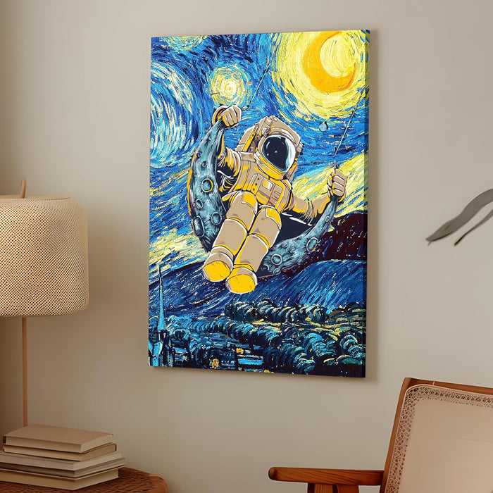 Art Street Stretched Canvas Painting Space Astronaut on Moon Starry Night Graffiti Wall Art Home Decor, Living Room, Office.