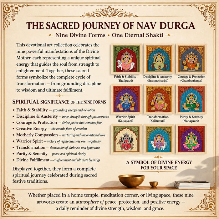 Nine Forms of Nav Durga Wall Art Painting Set of 9 with Frames 9x9 Inch, Hindu Goddess Navratri Decorative Wall Paintings & Showpiece, Spiritual Religious Wall Decor for Living Room, Pooja Room