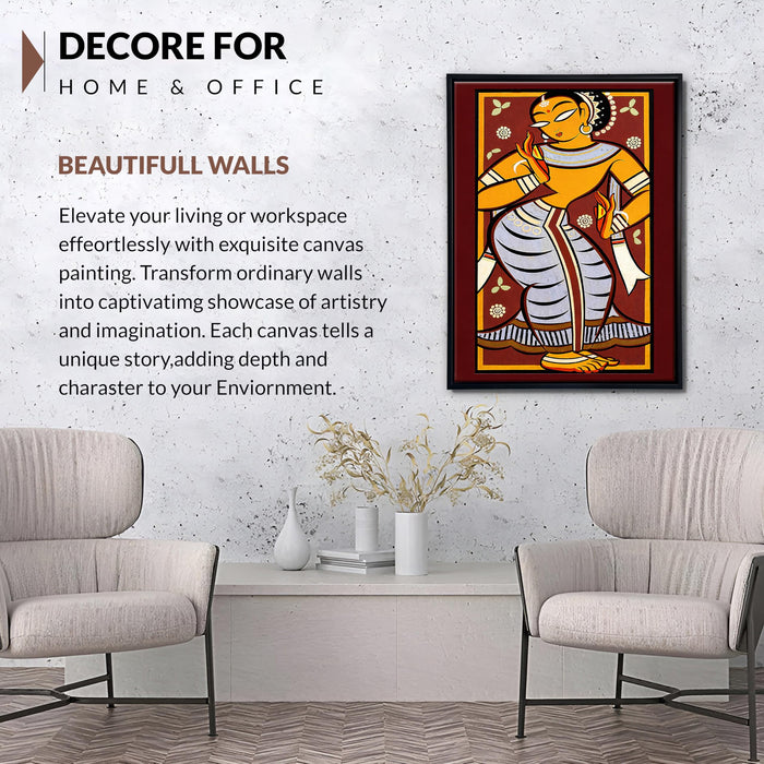Indian Folk Religious Framed Canvas Painting for Living Room Wall Deocr, Krishna Mythology Dancing Gopi Framed Canvas Wall Art for Bedroom Home Hallways Office Hotel, Size 43x58 cm
