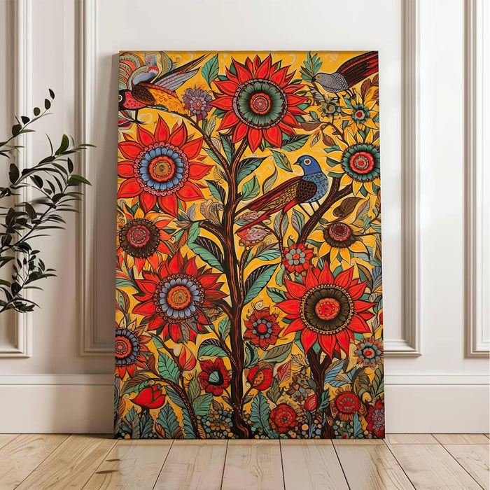 Portrait Stretched Canvas Lotus Floral Indian Classic Madhubani Wall Art Print Décor Printed on Canvas Stretched on Wood 41x56 cm