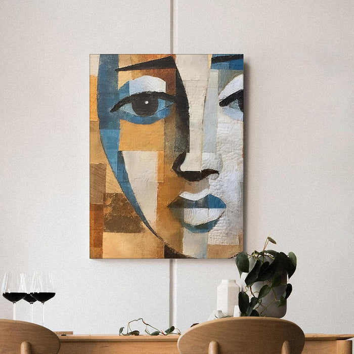 Abstract Geometric Women Face in Blue, Beige and White | Digital Painting On Canvas Stretched on Wood (16x22 Inch)