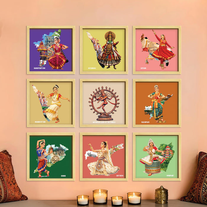 Indian Classical Dance forms Wall Art Paintings with Frame For Living Room | Traditional Indian Dance Culture Framed Wall Art Paintings for Home, Set of 9, (9x9 Inch)