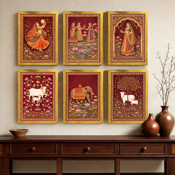 Madhubani Pichwai Painting With Frame for living room, Flower Framed Wall Art Painting for Home Decor Set of 6, Size 9.5 by 12.5 Inch