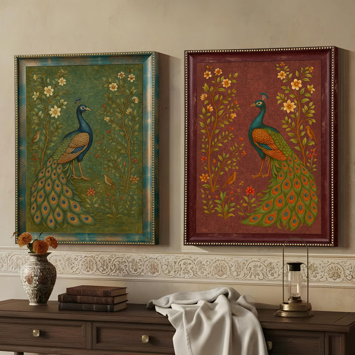Set of 2 Green and Maroon Peacock Wall Art Framed Art Prints, Antique Indian Mughal Rajasthani Style Peacock Bird Painting, Ornate Framed Ethnic Wall Decor Living Room Bedroom 35x45 cm