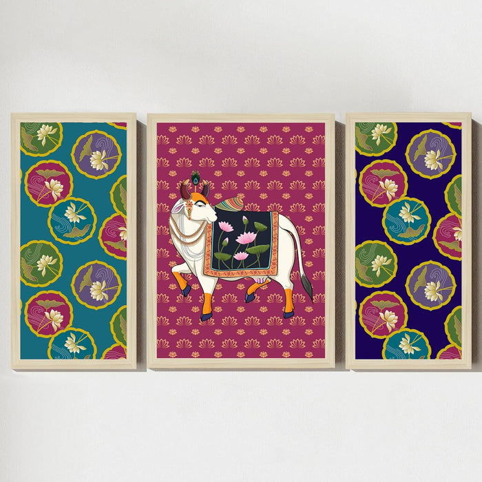 Pichwai Framed Wall Art Painting Home Décor Pack Of 3 | Digital Scenery Painting with Frame, Set Of 3, 22x46 cm, 33x44 cm