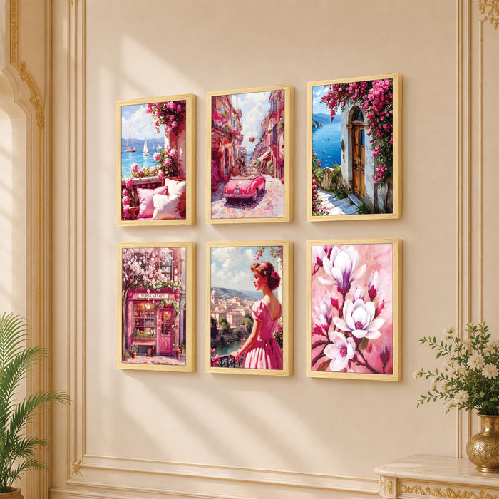 European Street Side Scenery Wall Art Painting for Living Room, Coquette Floral Aesthetic Wooden Framed Wall Art Print for Living Room, Bedroom & Office Decor (Set of 6, 13x9 inch)