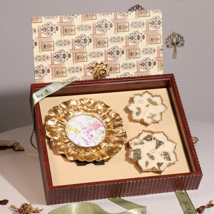 Diwali Gift Hamper Box with Round Shape Vintage Photo Frame with Urli Diya, Friends and Relatives (Pack of 2)