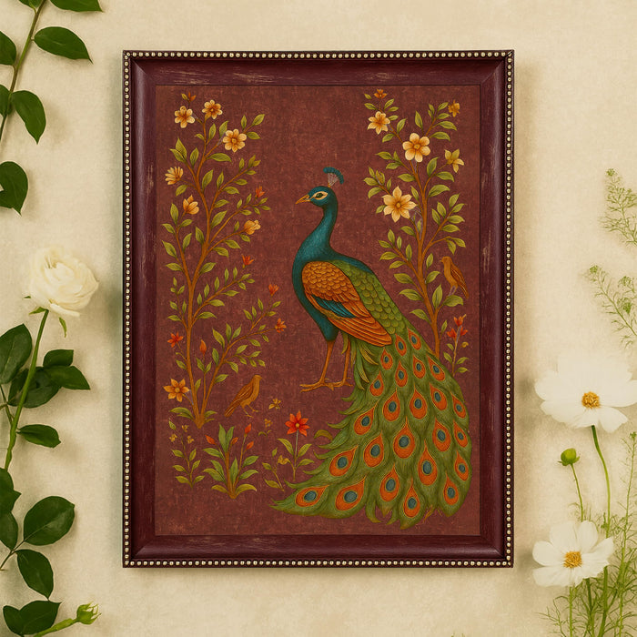 Set of 2 Green and Maroon Peacock Wall Art Framed Art Prints, Antique Indian Mughal Rajasthani Style Peacock Bird Painting, Ornate Framed Ethnic Wall Decor Living Room Bedroom 35x45 cm