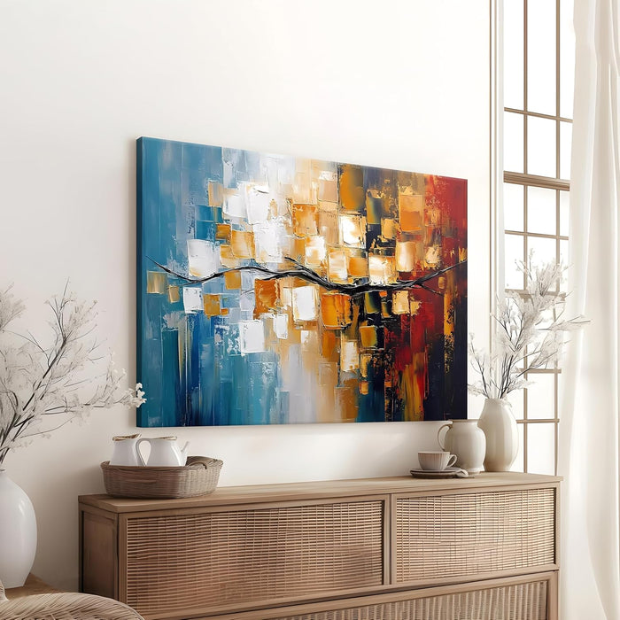 Landscape Abstract Canvas Wall Art Painting Btanch Of A Tree in Multicolor | Digital Painting on Framed Stretched Canvas (23x35 Inch)