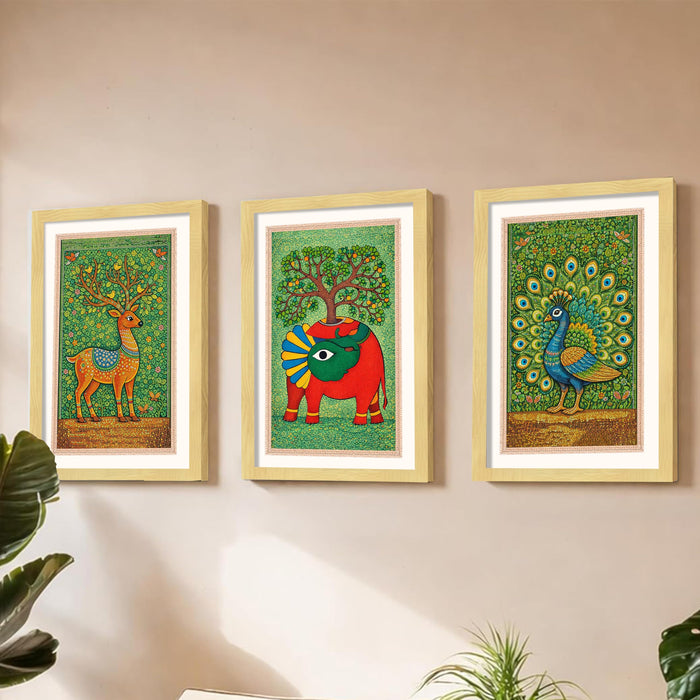 Gond Art of Deer Elephant Peacock A3 Framed Poster for Living Room With Frame, Nature Botanical Madhubani Framed Vastu Posters for Home Decor Bedroom Hallways Office Hotel Set of 3, Size 33x45 cm