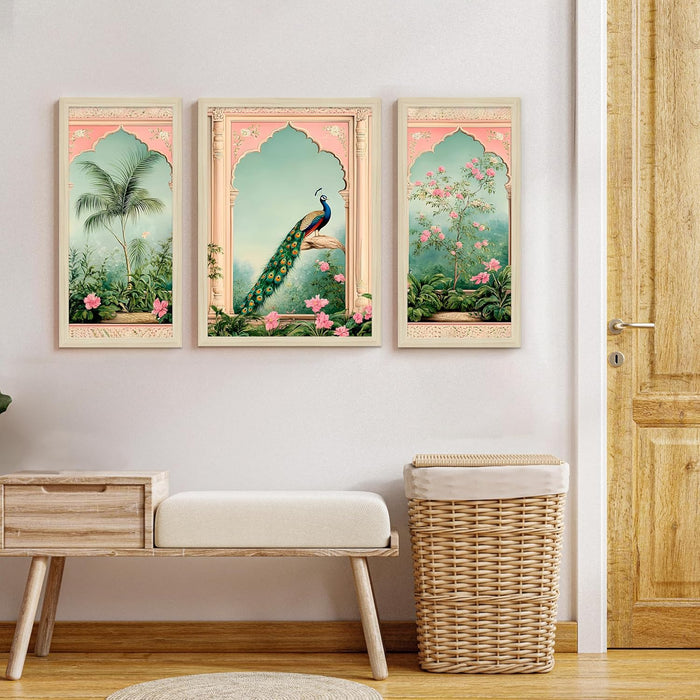 Pichwai Framed Wall Art Painting Home Décor Pack Of 3 | Digital Scenery Painting with Frame, Set Of 3, 22x46 cm, 33x44 cm