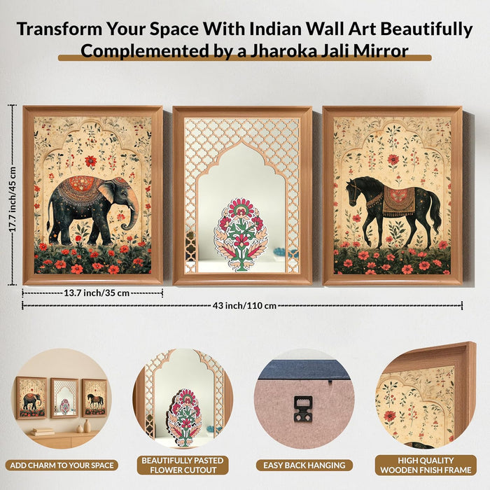Framed Floral Wall Art with Decorative Mirror Wall Decor Items with Jali Jharoka Mirror | A3 Elephant and Horse Vastu Painting Set Framed Prints 35x45 cm