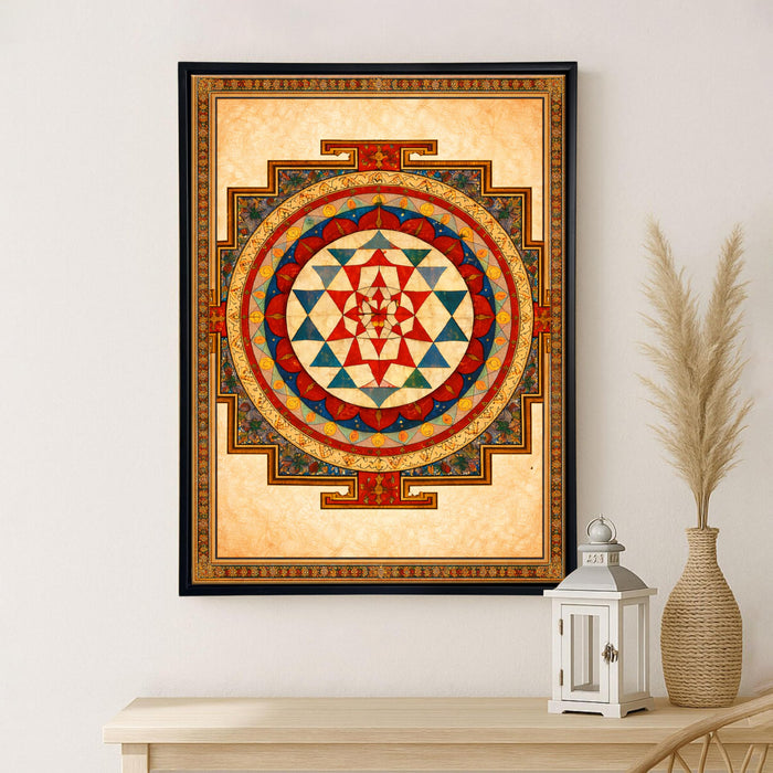 Sri Yantra Mandala Framed Canvas Painting for Living Room Wall Deocr, Shree Yantra Sacred Geometry Vastu Framed Canvas Wall Art for Vastu Place Bedroom Home Hallways Office Hotel, Size 43x58 cm