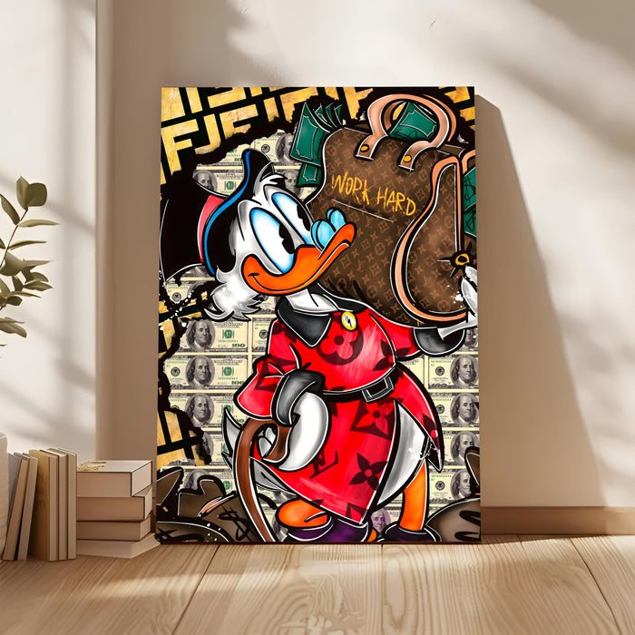 Luxury Cartoon Duck Money Pop Art Stretched Canvas Painting Print | Work Hard Success Theme Graffiti Wall Art | Modern Street Style Artwork for Home & Office, 56x86 cm