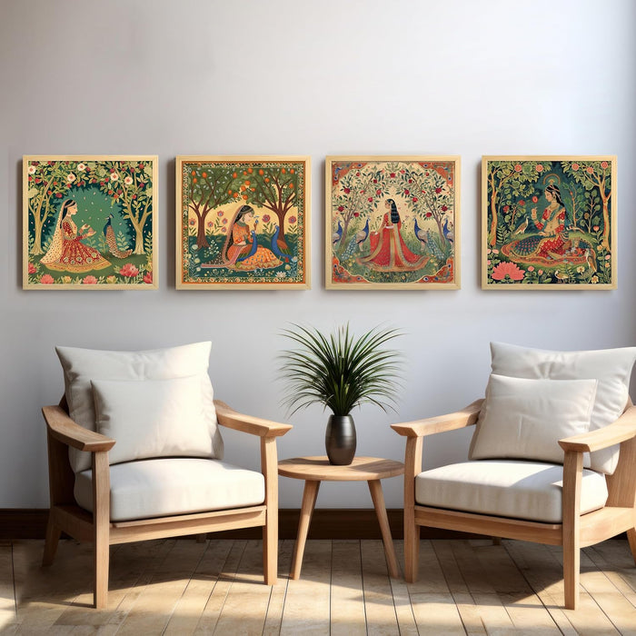 Madhubani Art Print, Women in Floral Garden (13.5x13.5 Inch, Pack of 4)