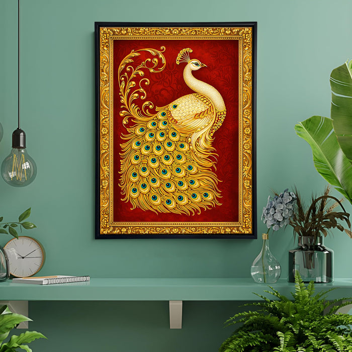 Tanjore Golden Peacock Framed Canvas Painting for Living Room Wall Decor, Holy Peacock Vastu Framed Canvas Wall Art for Vastu Place Bedroom Home Hallways Office Hotel, Size 43x58 cm