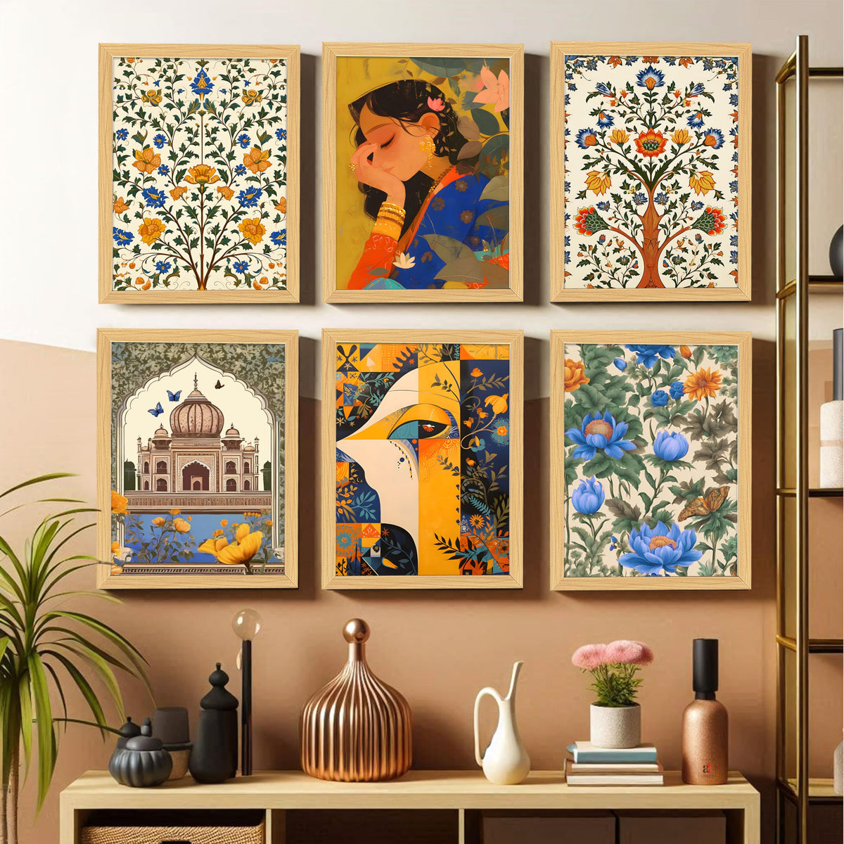 Madhubani Floral Mughal Wall Art Prints With Frame For Home Decor Set ...
