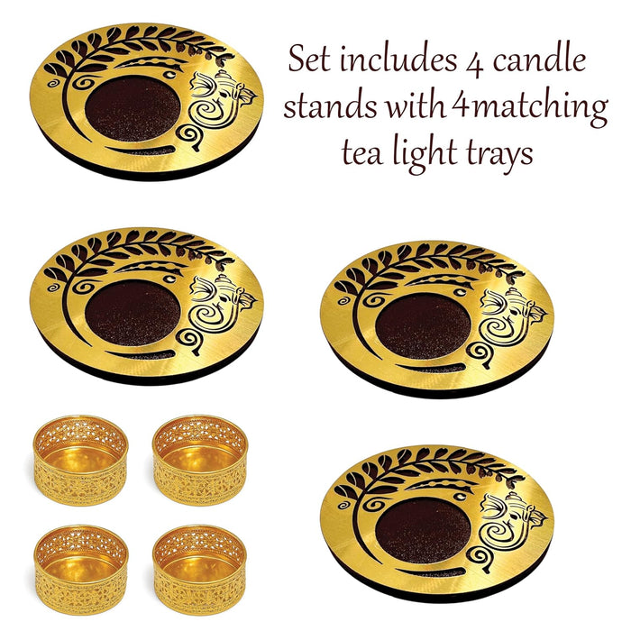 Decorative Diwali Tealight Diya Holders for Home Decoration, Dipawali Décor Items, Diwali Temple Decoration - Pack of 4 MDF Wood Tea Light Candle Holder Deity Ganesha Stand –11.5x11.5 cm