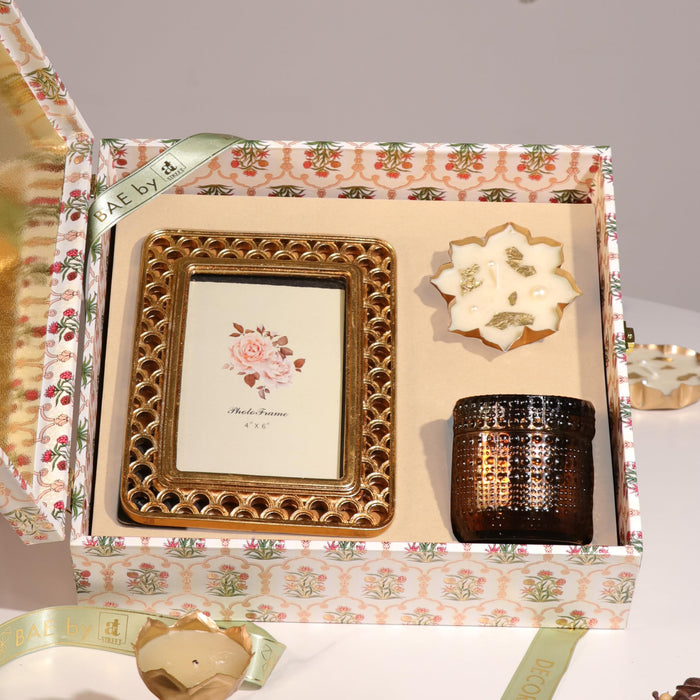 Diwali Gift Hamper with Vintage Photo Frame Oudh Scent Candle and Urli Diya, Friends and Relatives (Pack of 3)