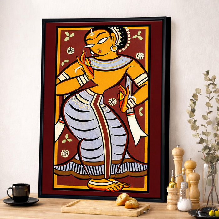 Indian Folk Religious Framed Canvas Painting for Living Room Wall Deocr, Krishna Mythology Dancing Gopi Framed Canvas Wall Art for Bedroom Home Hallways Office Hotel, Size 43x58 cm