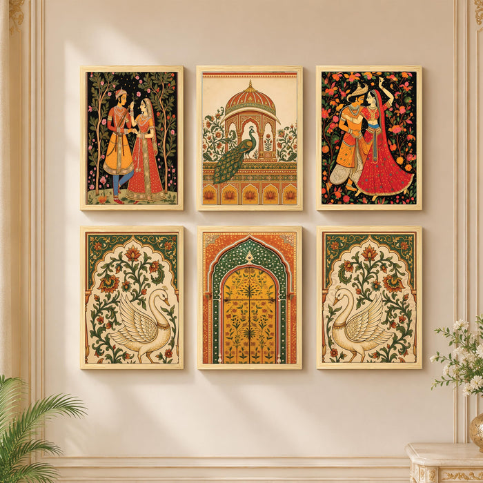 Mughal Royal Palace Wall Art Painting, Traditional Emperor, Swan & Arch Theme Wooden Framed Wall Art Print for Living Room, Bedroom & Home Decor (Set of 6, 13x9 inch)