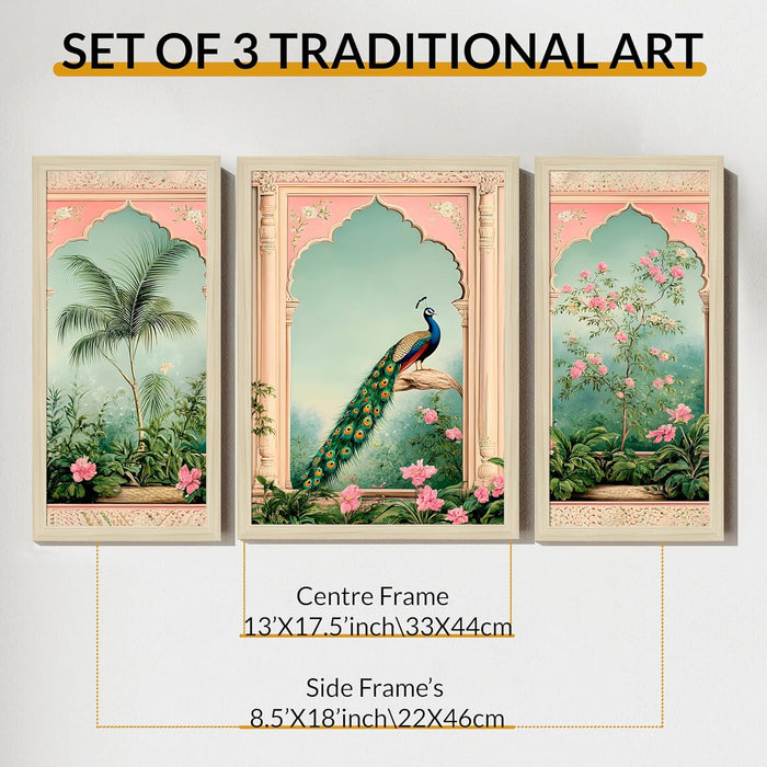 Pichwai Framed Wall Art Painting Home Décor Pack Of 3 | Digital Scenery Painting with Frame, Set Of 3, 22x46 cm, 33x44 cm