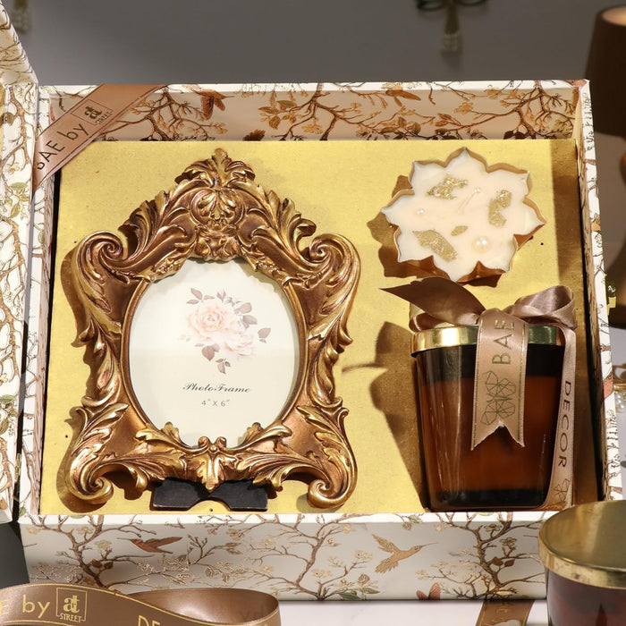 Diwali Gift Hamper with Vintage Photo Frame and Mogra Scent Candle and Urli Diya, Friends and Relatives (Pack of 3)