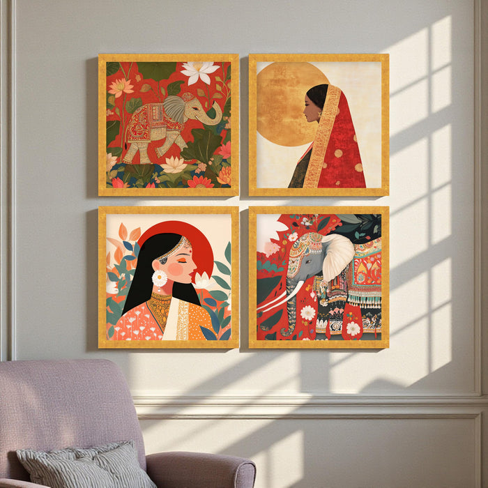 Indian Ethnic Wall Art Set of 4 | Royal Elephant & Traditional Woman Paintings | Premium Wall Décor for Living Room, Home & Office, (13.2x 13.2 inch)