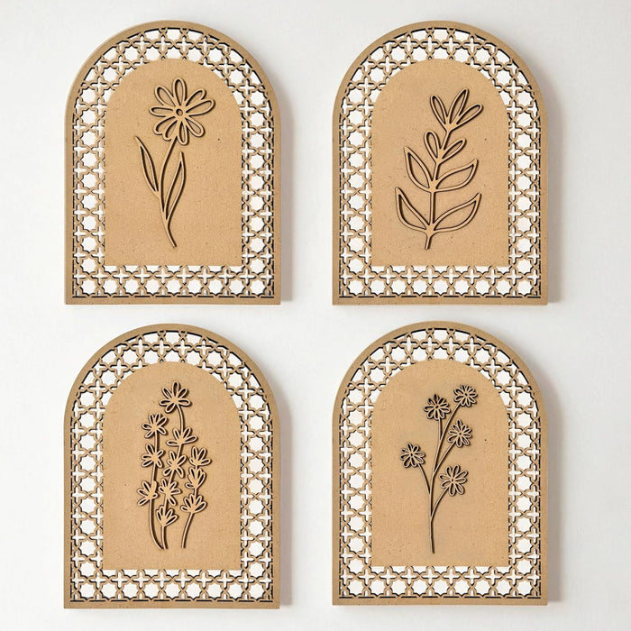 Boho Wall Decor Pack of 4 MDF Floral Wall Hanging with Quatrefoil Jali Pattern 3D Boho Art Cutouts Wall Art 21x25 cm