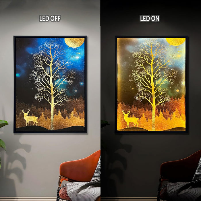 Framed Canvas Art Print with LED Light Decorative Canvas Wall Painting, Deer and Tree in Front of the Moon Wall Decor 43x58 cm
